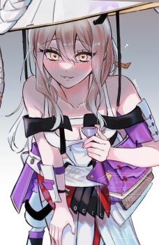 Rule 34 | 1girl, absurdres, alcohol, blush, bodysuit, breasts, chocore, choko (cup), cleavage, commentary request, cup, drunk, goddess of victory: nikke, grey bodysuit, grey hair, hair between eyes, hat, highres, holding, large breasts, large hat, long hair, looking at viewer, open mouth, sake, scarlet (nikke), smile, solo, sword, very long hair, weapon, yellow eyes