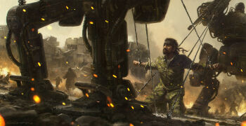 army big_boss concept_art day dennis_chan drone embers eyepatch fire gecko_(metal_gear) gray_fox_(metal_gear) konami mecha mercenary metal_gear_(series) metal_gear_solid metal_gear_solid_(film) military military_uniform multiple_boys official_art paramilitary robot science_fiction soldier tactical_clothes united_states_army unmanned_ground_vehicle war