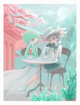1girl alternate_costume black_gloves boots border chair commentary cup day diantha_(pokemon) dress ffccll gardevoir gen_3_pokemon gloves grey_eyes hands_up hat head_tilt nintendo outdoors pokemon pokemon_(creature) pokemon_x_and_y saucer sitting table tea teacup white_boots white_border white_hat