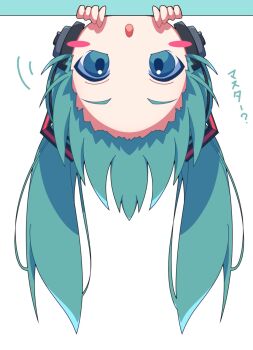 1girl :o aosaki_yato blue_eyes blush_stickers chibi chibi_only commentary green_hair hatsune_miku headphones highres long_hair looking_at_viewer open_mouth portrait simple_background solo translated twintails upside-down vocaloid white_background