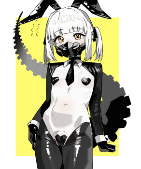 1girl absurdres animal_ears black_gloves black_hiphighs black_mask black_necktie black_shrug blue_archive blunt_bangs border colored_skin covered_mouth ein_(blue_archive) fake_animal_ears flat_chest flying_sweatdrops gloves heart_pasties highres hiphighs loli looking_at_viewer mask mechanical_tail navel necktie outside_border pasties rabbit_ears revealing_clothes reverse_bunnysuit reverse_outfit ruppu shrug_(clothing) sidelocks simple_background solo standing stomach tail twintails upper_body white_border white_hair white_skin yellow_background