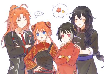 ... 2boys 2girls :d :p ^_^ absurdres ahoge akanbe alternate_hairstyle black_coat black_dress black_hair black_vest blue_eyes braid braided_ponytail brother_and_sister bun_cover buzhe477 china_dress chinese_clothes chinese_commentary closed_eyes closed_mouth coat collared_shirt commentary_request crossed_arms crossover double_bun dress eyelid_pull frilled_sleeves frills gintama grey_streaks group_hairstyle_switch hair_bun hairstyle_switch hand_on_own_hip hands_on_another's_shoulders high_ponytail highres hong_lu_(project_moon) jia_xichun_(project_moon) kagura_(gintama) kamui_(gintama) lcb_uniform_(project_moon) limbus_company long_hair long_sleeves multicolored_hair multiple_boys multiple_girls necktie open_clothes open_coat open_mouth orange_hair pankou parted_bangs ponytail project_moon red_dress red_eyes red_necktie red_shrug red_sleeves shirt short_hair shrug_(clothing) siblings simple_background smile speech_bubble spoken_ellipsis streaked_hair tangzhuang tongue tongue_out vest white_background white_shirt