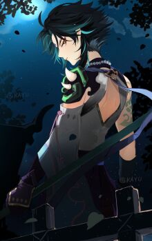 1boy absurdres ahoge arm_guards arm_tattoo armor asymmetrical_clothes back back_cutout bead_necklace beads black_gloves black_hair blurry chinese_clothes chinese_commentary closed_mouth clothing_cutout cloud detached_sleeves eyeshadow facial_mark falling_leaves fence forehead_mark from_behind full_moon genshin_impact gloves green_hair highres holding holding_polearm holding_weapon jewelry kayu_(yukagoin) leaf light_particles long_sleeves looking_at_viewer looking_back makeup male_focus mask moon multicolored_hair necklace night night_sky outdoors pants parted_bangs polearm primordial_jade_winged-spear_(genshin_impact) profile red_eyeshadow shirt short_hair short_hair_with_long_locks shoulder_armor shoulder_pads shoulder_spikes sidelocks single_bare_shoulder single_detached_sleeve single_sleeve sky sleeveless sleeveless_shirt slit_pupils solo spear spikes standing star_(sky) starry_sky symbol-shaped_pupils tassel tattoo tree twitter_username two-tone_hair weapon white_shirt wide_sleeves xiao_(genshin_impact) yellow_eyes