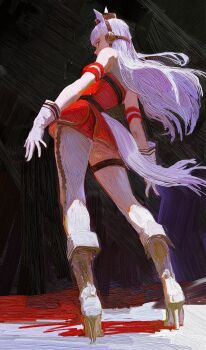 1girl absurdres animal_ears armband bare_shoulders boots breasts brown_hat daodtt dress from_behind from_below gloves gold_ship_(red_strife)_(umamusume) gold_ship_(umamusume) grey_hair hashtag-only_commentary hat highres horse_ears horse_girl horse_tail leggings long_hair pantyhose pillbox_hat purple_eyes red_dress sleeveless sleeveless_dress solo striped_armband striped_clothes tail thigh_strap umamusume white_boots white_gloves white_leggings white_pantyhose