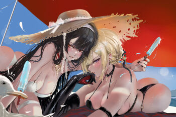 2girls ^^^ alternate_costume arm_strap ass astra_yao bare_shoulders beach bikini bird black_bikini black_gloves black_hair black_nails blonde_hair blue_sky blush breast_press breasts collarbone commentary earrings elbow_gloves english_commentary evelyn_chevalier feathers fingernails food gloves hat hat_ribbon head_rest highres holding holding_food holding_popsicle jewelry koto_omikami large_breasts long_hair looking_to_the_side lying melting_popsicle multiple_girls necklace on_stomach outdoors parted_lips pearl_necklace popsicle purple_eyes red_eyes ribbon seagull sky straw_hat string_bikini sun_hat swimsuit thigh_strap white_bikini zenless_zone_zero