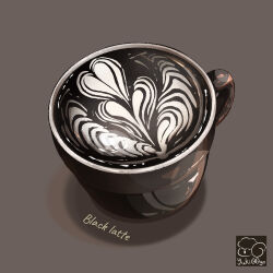 Rule 34 | artist logo, black theme, coffee, coffee mug, cup, food, food focus, grey background, highres, latte art, mug, no humans, original, yuki00yo