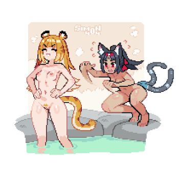 animal_ear_fluff animal_ears artist_name barefoot black_hair blonde_hair blonde_pubic_hair blush breasts cat_ears cat_girl cat_tail closed_eyes colored_inner_hair commentary completely_nude dark-skinned_female dark_skin english_commentary facial_mark female_pubic_hair flying_sweatdrops forehead_mark grin hands_on_own_hips highres ju_fufu long_hair medium_breasts multicolored_hair multiple_tails navel nekomiya_mana nipples nude onsen orange_hair pixel_art ponytail pubic_hair pussy red_eyes sim0n404 smile squatting standing stomach tail tiger_ears tiger_girl tiger_tail two-tone_hair two_tails wading water zenless_zone_zero