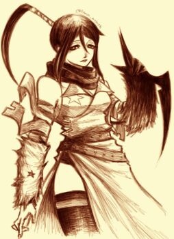 1girl absurdres artist_name breasts cleavage commentary cowboy_shot downturned_eyes english_commentary fingernails hair_between_eyes hand_up highres medium_breasts monochrome nakatsukasa_tsubaki nanai_nonon ninja parted_lips ponytail scarf single_bare_shoulder solo soul_eater thighhighs twitter_username