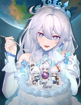 1girl bare_shoulders blue_eyes cake cake_decoration commentary detached_sleeves dress earth_(planet) english_commentary food highres holding holding_spoon honkai_(series) honkai_impact_3rd kiana_kaslana kiana_kaslana_(ba-dum!_fiery_wishing_star) kiana_kaslana_(herrscher_of_finality) kiana_kaslana_(herrscher_of_flamescion) kiana_kaslana_(void_drifter) kiana_kaslana_(wintery_wishes) long_hair looking_at_viewer official_alternate_costume planet second-party_source solo spoon star-shaped_pupils star_(symbol) symbol-shaped_pupils tiara utekikuore very_long_hair white_dress white_hair
