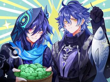 2boys ahoge animal animal_ear_fluff animal_ears basket bat_ears black_coat black_gloves black_jacket black_skirt blue_eyes blue_scarf coat collared_coat crossed_bangs facial_mark fingerless_gloves fish flins_(genshin_impact) food gem genshin_impact gloves hair_between_eyes heterochromia holding holding_animal holding_basket holding_fish hood hood_up jacket long_hair looking_at_viewer multiple_boys ororon_(genshin_impact) purple_eyes purple_gemstone purple_hair scarf short_hair skirt smile sparkle vegetable viviwi yellow_eyes