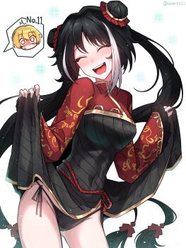 1girl :d ^_^ black_dress black_hair black_panties blonde_hair blush breasts china_dress chinese_clothes closed_eyes clothes_lift commentary_request covered_navel double_bun dress dress_lift gold_trim hair_bun highres jia_xichun_(project_moon) layer_(layer_illust) lifting_own_clothes limbus_company long_hair long_sleeves looking_at_viewer multicolored_hair open_mouth panties project_moon red_shrug rope_belt shrug_(clothing) simple_background sinclair_(project_moon) smile solo sparkle spoken_character standing streaked_hair twintails two-tone_hair underwear white_background white_hair