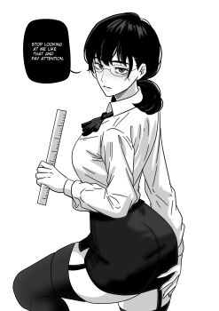 1girl absurdres ass black_hair blush breasts chainsaw_man collared_shirt english_text garter_straps glasses gratam greyscale hand_on_own_ass highres holding_ruler long_hair long_sleeves looking_at_viewer looking_back miniskirt mitaka_asa monochrome parted_lips ponytail ruler shirt simple_background sketch skirt solo spanish_commentary speech_bubble thighhighs thighs white_background white_shirt