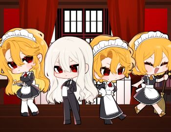 1boy 3girls 4others apron blonde_hair butler chibi chibi_only closed_eyes closed_mouth don_quixote_(project_moon) full_body hair_between_eyes highres holding kneehighs la_manchaland's_don_quixote_(project_moon) limbus_company long_hair long_skirt looking_at_another looking_at_viewer maid maid_apron maid_headdress miniskirt multiple_girls multiple_others pmchell_04 project_moon red_eyes sancho_(project_moon) short_hair skirt slit_pupils socks standing sweat wavy_hair white_hair