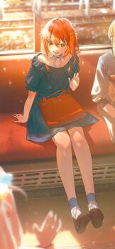 3girls absurdres alternate_costume bag blonde_hair blush bocchi_the_rock! breasts casual choker commentary_request cube_hair_ornament flat_chest gotoh_hitori hair_ornament highres ijichi_nijika kita_ikuyo long_hair multiple_girls official_alternate_costume one_side_up open_mouth pink_hair red_hair ribbon ribbon_choker scenery shoulder_bag small_breasts smile tori-desu train train_interior waving yellow_eyes