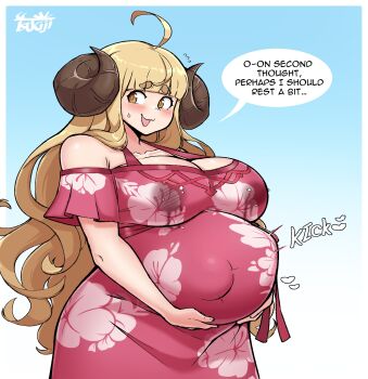 1girl ahoge anila_(granblue_fantasy) artist_logo artist_name bare_shoulders belly big_belly blunt_bangs blush border breasts cleavage collarbone commentary dress english_commentary english_text fetal_movement granblue_fantasy hands_on_own_stomach highres horns lactation logo long_hair looking_at_viewer open_mouth pregnant solo speech_bubble tsukijitums very_long_hair white_border