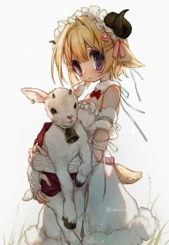 1girl animal animal_ears baby_animal blonde_hair closed_mouth curled_horns dress highres holding holding_animal hololive horns lamb looking_at_viewer purple_eyes sheep sheep_ears sheep_horns sheep_tail short_hair simple_background smile solo tail tsunomaki_watame twitter_username uchuunin virtual_youtuber white_background white_dress