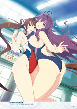 Rule 34 | 2girls, :o, artbook, ass, bad source, black ribbon, blue eyes, blue one-piece swimsuit, border, breast press, breasts, brown hair, character name, competition swimsuit, covered navel, day, flat chest, floating hair, from behind, green eyes, groin, hair ribbon, heterochromia, highleg, highleg one-piece swimsuit, highres, huge breasts, indoors, large breasts, long hair, looking at viewer, multiple girls, murasaki (senran kagura), official art, one-piece swimsuit, one eye closed, page number, poolside, purple eyes, purple hair, racerback, ribbon, ryoubi (senran kagura), senran kagura, senran kagura new wave, sideboob, skindentation, swimsuit, symmetrical docking, third-party source, translation request, two-tone swimsuit, very long hair