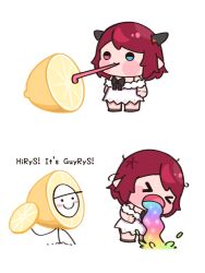 Rule 34 | 1girl, bare shoulders, blue eyes, blush stickers, bow, chibi, dress, food, fruit, guyrys, heterochromia, highres, hololive, hololive english, horns, irys (casualrys) (hololive), irys (hololive), lemon, lemon slice, licking, lienliensn, medium hair, meme, open mouth, pointy ears, red eyes, red hair, smile, thour (meme), tongue, tongue out, virtual youtuber, vomiting rainbows, white dress