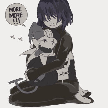 1boy 1girl black_bodysuit blush bodysuit deltarune english_text full_body hat headpat heart jester_cap jevil kris_(deltarune) mamaito one_eye_closed open_mouth pointy_ears seiza sharp_teeth short_hair sitting speech_bubble tail teeth tongue tongue_out utdr_(toby_fox)