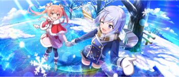 2girls :d ;d black_pantyhose black_thighhighs blue_coat blush bow brown_footwear brown_scarf capelet chris_(konosuba) coat day double-parted_bangs erika_(konosuba) facial_scar fur-trimmed_capelet fur-trimmed_coat fur_trim game_cg grey_hair grey_mittens hair_bow highres holding_hands ice ice_skates ice_skating kono_subarashii_sekai_ni_shukufuku_wo! konosuba!_fantastic_days long_hair mittens multiple_girls official_alternate_costume official_art one_eye_closed open_mouth outdoors pantyhose pink_coat pink_eyes pink_hair purple_eyes red_capelet scar scar_on_cheek scar_on_face scarf short_hair short_shorts shorts side_ahoge sidelocks skates skating smile snow snow_on_tree snowflakes striped_clothes striped_scarf sunlight thighhighs tree twintails two-tone_scarf very_long_hair white_bow white_mittens white_scarf winter winter_clothes winter_coat zettai_ryouiki