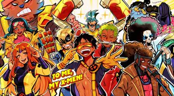 belt black_hair blush bodysuit boots breasts brook_(one_piece) claws colossus_(x-men) cosplay cyclops_(x-men) dark_skin dazzler fang food franky_(one_piece) gambit gloves highres huyandere jean_grey jubilee long_hair looking_at_viewer marvel monster multicolored_bodysuit nami_(one_piece) nico_robin nightcrawler one_piece open_mouth red_bodysuit roronoa_zoro sanji_(one_piece) scar short_hair smile superhero_costume sword tony_tony_chopper two-tone_bodysuit usopp weapon wolverine_(x-men) wolverine_(x-men)_(cosplay) x-men yellow_bodysuit