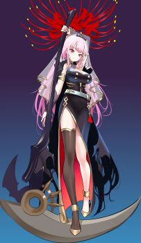 1girl absurdres asahi_illustrator black_cape black_thighhighs breasts cape cleavage closed_mouth gold_shoes high_heels highres holding holding_scythe holding_weapon hololive hololive_english large_breasts long_hair looking_at_viewer mori_calliope mori_calliope_(1st_costume) pink_hair red_eyes scythe see-through_clothes see-through_veil shoes sidelocks single_thighhigh smile solo spiked_cape thighhighs veil very_long_hair virtual_youtuber weapon