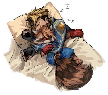 2boys animal_ears artist_name barefoot black_gloves blanket blonde_hair claws closed_eyes colored_sclera commentary english_commentary fay_(sirisoap) fingerless_gloves furry furry_male gloves guardians_of_the_galaxy hug lying male_focus marvel marvel marvel_rivals multiple_boys on_bed on_side pawpads peter_quill pillow profile raccoon_boy raccoon_ears raccoon_tail red_eyes red_gloves red_sclera rocket_raccoon sleeping star-lord tail white_background zzz
