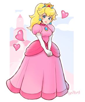 1girl absurdres blonde_hair blue_eyes blush breasts castle closed_mouth commentary crown dress earrings elbow_gloves english_commentary gloves heart highres jewelry long_hair looking_at_viewer mario_(series) medium_breasts nintendo pink_dress pink_lips ponytail princess_peach princess_peach&#039;s_castle puffy_short_sleeves puffy_sleeves short_sleeves smile solo sphere_earrings topsieturvy white_gloves