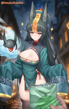 1girl absurdres alternate_costume animal_ear_fluff animal_ears aqua_dress artist_name black_hair black_thighhighs blue_fire blush braid breasts bright_pupils cleavage cleavage_cutout clothing_cutout day dress fire fox_ears halloween highres holding hoshimi_miyabi jack-o&#039;-lantern jiangshi_costume large_breasts long_hair long_sleeves looking_at_viewer miko_no_kamiko no_panties open_mouth outdoors pelvic_curtain pov pumpkin red_eyes red_ribbon ribbon signature skindentation sleeves_past_fingers sleeves_past_wrists sparkle spirit tailless_(zenless_zone_zero) thighhighs twitter_username very_long_hair zenless_zone_zero