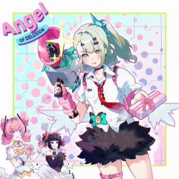 Rule 34 | 3girls, angels of delusion, aqua streaks, aria (zenless zone zero), arm warmers, black hair, black skirt, blus, blush, bow, box, box of chocolates, collared shirt, colored inner hair, commentary request, dress, earrings, fingerless gloves, fur-trimmed skirt, fur-trimmed sleeves, fur trim, gift, gloves, green bow, green eyes, green hair, green halo, hair between eyes, halo, highres, holding, holding megaphone, jewelry, looking at viewer, megaphone, multicolored hair, multiple girls, multiple hair clips, musical note earrings, nangong yu, necktie, open mouth, pink arm warmers, pink gloves, pink hair, qise zhijing, red eyes, red necktie, shirt, short twintails, skirt, smile, streaked hair, striped arm warmers, sunna (zenless zone zero), too many bows, twintails, valentine, white dress, white shirt, white wings, wings, zenless zone zero