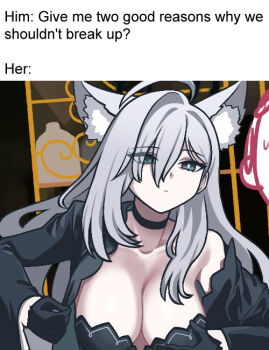 1boy 1girl ahoge animal_ear_fluff animal_ears aqua_eyes black_choker black_dress black_gloves black_jacket blue_archive breasts cat_ears choker cleavage collarbone commentary cropped_jacket doodle_sensei_(blue_archive) dress english_commentary facing_another fluffy_ears gloves grey_hair halo jacket jazz_jack large_breasts long_hair meme mismatched_pupils presenting_breasts sensei_(blue_archive) shiroko_terror_(blue_archive) sweatdrop upper_body very_long_hair wolf_ears