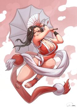 1girl absurdres artist_name bare_shoulders breasts brown_eyes brown_hair chuckuddin cleavage fatal_fury female_focus folding_fan hand_fan highres holding holding_fan holding_umbrella japanese_clothes large_breasts matching_hair/eyes motoyui nail_polish no_bra obi pelvic_curtain red_nails revealing_clothes sash shiranui_mai signature snk solo thighs toenail_polish toenails umbrella