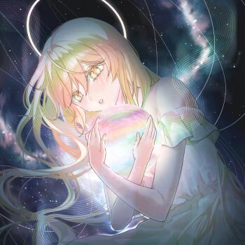 1girl absurdres album_cover bael_(chltnqls0415) bare_shoulders blonde_hair commentary_request commission cover crossed_arms crying crying_with_eyes_open dot_nose double-parted_bangs dress eyes_visible_through_hair frilled_dress frills hair_between_eyes halo hands_up highres hugging_object jpeg_artifacts light_blush long_hair looking_at_viewer nebula nose_shade off-shoulder_dress off_shoulder original outdoors parted_lips sky solo space star_(sky) star_trail starry_sky tears teeth thread upper_body white_dress white_halo white_string yellow_eyes