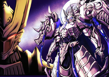 Rule 34 | 152 in can, absurdres, armor, blue eyes, cut-in, fate/grand order, fate (series), full armor, glowing, glowing eyes, gradient background, highres, minamoto no tametomo (fate), minamoto no tametomo (first ascension) (fate), multiple views, pauldrons, purple background, red eyes, shoulder armor, white hair