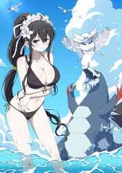 1girl ^_^ absurdres alternate_hairstyle arm_under_breasts armpit_crease arms_under_breasts baxcalibur bikini bird black_bikini black_hair blue_ribbon blue_sky blush body_blush breasts bug claws cleavage closed_eyes closed_mouth cloud collarbone commentary_request commission crossed_arms cumulonimbus_cloud dragon eggman_(ni_tamagoex) flower fluffy flying front-tie_bikini_top front-tie_top frosmoth fubuki_(senran_kagura) gen_3_pokemon gen_8_pokemon gluteal_fold groin hair_between_eyes hair_flower hair_ornament hair_ribbon happy hat hat_ribbon high_ponytail highres insect large_breasts lens_flare lily_(flower) long_hair looking_at_viewer low-tied_long_hair maid_headdress moth navel nintendo ocean open_mouth outdoors pale_skin pokemon pokemon_(creature) ponytail ribbon scarf seagull senran_kagura senran_kagura_new_link shiny_skin side-tie_bikini_bottom sidelocks skeb_commission sketch sky smile solo sparkle spines spinosaurus splashing standing sunlight swimsuit very_long_hair water water_drop wet white_background white_flower white_lily white_scarf wingull