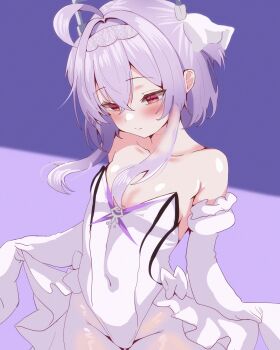 1girl absurdres blush collarbone covered_navel detached_sleeves frills goddess_of_victory:_nikke hair_between_eyes hair_intakes hairband headgear highres leotard liberalio_(nikke) looking_down pantyhose purple_background purple_hair red_eyes short_hair short_hair_with_long_locks sleeves_past_fingers sleeves_past_wrists smile solo twintails white_leotard white_pantyhose white_sleeves yuzi124