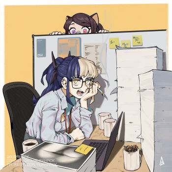 2girls angry animal_ears ascari_megane_(aurahack) aurahack bandaid bandaid_on_face bandaid_on_nose black-framed_eyewear black_hair breasts brown_hair cat_ears cat_girl cigarette_butt cleavage coffee coffee_mug computer cubicle cup ear_piercing glasses grey_hair heterochromia highres indoors lanyard laptop levin_(aurahack) long_hair medium_breasts mug multicolored_hair multiple_girls office_lady original paper_stack peeking piercing pink_eyes ponytail purple_eyes purple_lips shirt short_hair smoking split-color_hair sticky_note symbol-shaped_pupils two-tone_hair white_shirt yellow_eyes