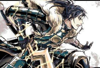 1boy armor armored_gloves black_gloves black_shirt blue_hair commentary dark_blue_hair dou electricity feet_out_of_frame felix_hugo_fraldarius fire_emblem fire_emblem:_three_houses fur_trim gloves holding holding_sword holding_weapon japanese_armor katana kote kusazuri levin_sword looking_ahead male_focus nintendo open_mouth orange_eyes outstretched_arm ponytail profile shirt shoulder_armor single_sode sode solo sword tassel teeth turtleneck twitter_username umi_(oneinchswing) undershirt upper_teeth_only weapon white_background white_fur