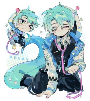 1boy :&lt; adoptable aqua_hair black_vest blue_jacket chibi commentary dilnyan03 english_commentary green_eyes highres holding_own_leash hood hood_up jacket jetpack leash male_focus multiple_views one_eye_closed original short_hair slit_pupils snake_boy snake_tail tail vest white_background