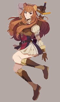 1girl absurdres animal_ears arm_up armor black_dress blunt_bangs boobplate boots breastplate breasts breasts_apart brown_boots brown_dress brown_gloves brown_hair closed_mouth collared_dress commentary dress elbow_gloves english_commentary eyelashes floating_hair full_body gloves grey_background high_collar highres holding holding_sword holding_weapon knee_boots leather_armor long_hair long_sleeves looking_at_viewer medium_breasts metal_arm_cuffs metal_hair_tubes metal_wrist_cuffs neck_ribbon no_tail outline pauldrons pink_eyes pinstripe_dress pinstripe_pattern raccoon_ears raccoon_girl raphtalia red_dress red_ribbon ribbon scabbard sheath sheathed short_dress shoulder_armor simple_background single_pauldron sleeveless sleeveless_dress smile solo sword tate_no_yuusha_no_nariagari two-tone_dress v-shaped_eyebrows weapon white_dress white_outline wicklebutt