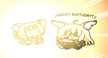 2girls animal_ears arknights black_jacket blinding_light blonde_hair blue_hairband blush ca-ma cake chibi commentary_request dress earpiece food fox_ears fox_girl fox_tail full_body glasses hair_rings hairband happy_birthday highres holding holding_tray jacket kitsune long_hair mother_and_daughter multiple_girls necktie smile standing sunglasses suzuran_(arknights) tail tray vulpisfoglia_(arknights)
