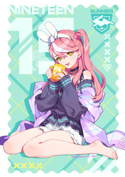 1girl barefoot bluejump cup holding holding_cup nineteen_(vtuber) pink_hair poo_(donkan_gokko) scarf sitting sleeves_past_wrists solo virtual_youtuber wariza yellow_eyes