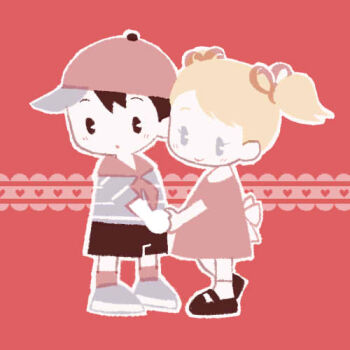 1boy 1girl ana_(mother) black_hair black_shoes black_shorts blonde_hair commentary_request dress hetero holding_hands lowres mother_(series) mother_1 neckerchief ninten nintendo pac-man_eyes pink_dress red_neckerchief red_ribbon red_socks ribbon shirt shoes short_sleeves shorts sideways_hat socks striped_clothes striped_shirt tanba_(tanba-art) twintails white_socks