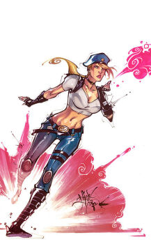 belt beret blonde_hair blowing_kiss breasts choker cleavage crop_top cropped_shirt fezat fingerless_gloves gloves hat large_breasts leather leather_pants lips midriff mortal_kombat_(series) mortal_kombat_(series) mortal_kombat_vs_dc_universe navel pants ponytail shirt sonya_blade white_shirt