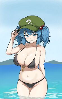 1girl alternate_breast_size bikini black_bikini blue_eyes blue_hair blush breasts cleavage cocktiel77 collarbone commentary_request flat_cap green_hat groin hair_bobbles hair_ornament hand_on_headwear hand_up hat hip_focus kawashiro_nitori key korean_commentary large_breasts looking_at_viewer mountain mountainous_horizon navel ocean short_hair sidelocks skindentation solo standing sweatdrop swimsuit touhou two_side_up wading water