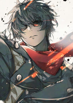 Rule 34 | 1boy, black jacket, eye trail, green eyes, green hair, grey background, hair between eyes, hair over one eye, highres, jacket, light trail, lighter (zenless zone zero), male focus, merry (secilhodoshima), motion blur, parted lips, red pupils, red scarf, scarf, short hair, shoulder spikes, solo, spiked jacket, spikes, sunglasses, twitter username, upper body, zenless zone zero