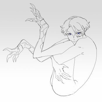 1boy blue_eyes completely_nude covering_privates elliot_(par0llel) full_body highres hugging_own_legs kemonomimi_mode long_fingers long_toenails looking_at_viewer male_focus nude original par0llel scales short_hair sketch solo talons toenails