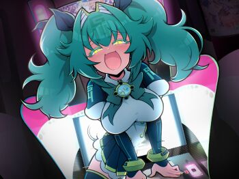 1girl blue_bow blue_hair blue_nails blue_skirt blue_thighhighs blush bow breasts colored_eyelashes commentary_request dress fang g-14_iyo hair_bow highres large_breasts looking_at_viewer mahjong_fight_girl nail_polish open_mouth showers-u skin_fang skirt smile solo thighhighs through_medium through_screen twintails white_dress yellow_eyes