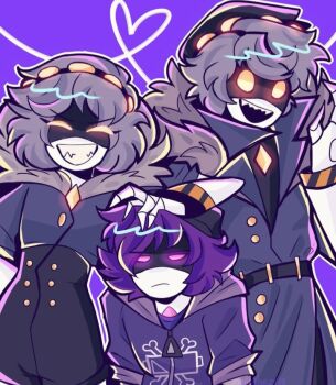 Rule 34 | 1boy, 2girls, choker, claws, coat, colored skin, evil grin, evil smile, glitch productions, grey skin, grin, hat, hood, hoodie, mecha girl, mechanical tail, multiple girls, murder drones, n (murder drones), no humans, open mouth, purple eyes, purple hair, robot, robot girl, shiny skin, short hair, smile, striped legwear, tail, thighhighs, uzi (murder drones), v (murder drones), yellow eyes