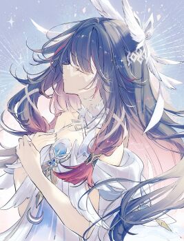 closed_eyes columbina_(genshin_impact) dress facing_to_the_side genshin_impact hair_ornament hands_on_own_chest head_wings highres kino-cands long_hair multicolored_hair two-tone_hair wings